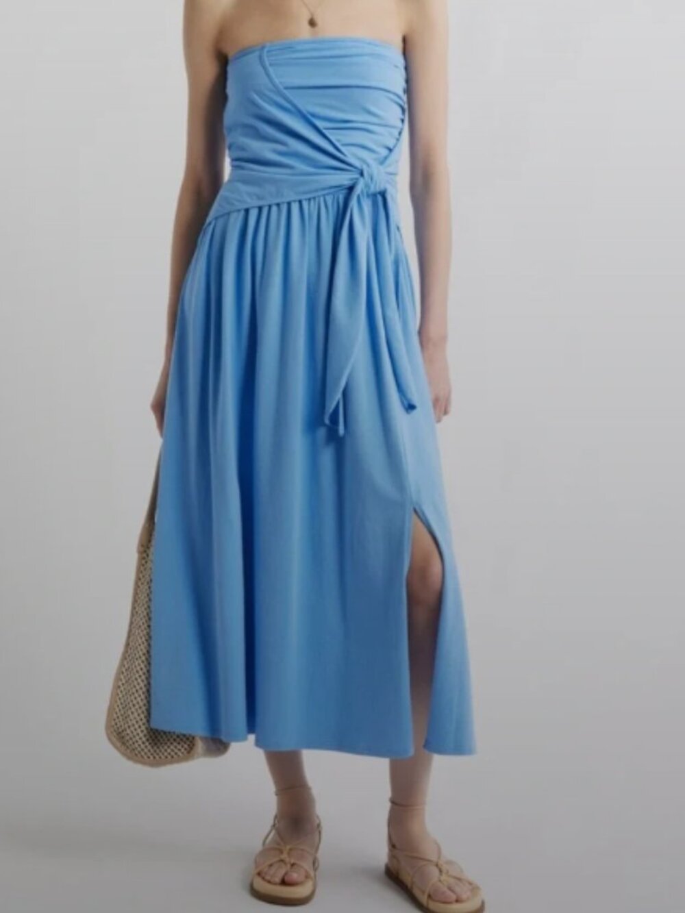 Treasure & Bond Strapless Ruched Sky-Blue Midi Dress with Side Slit - Picture 5 of 5